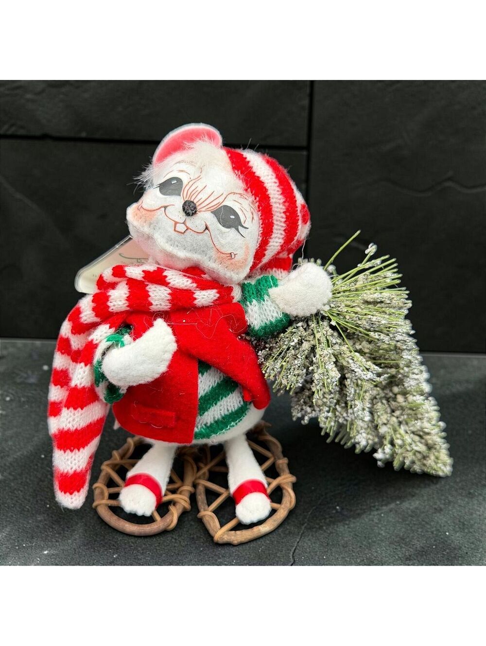 Vtg. Annalee Christmas Mouse Figurine Snowshoes Tree Red Scarf Holiday Decor 6"